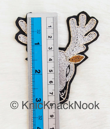 Hand Embroidered Reindeer Applique In Silver And Brown Zardozi Threadwork, Animal Motif, Christmas DIY